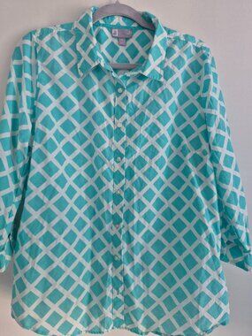 JCP Silk‑Blend Turquoise Geometric Button‑Front Blouse – Size XL